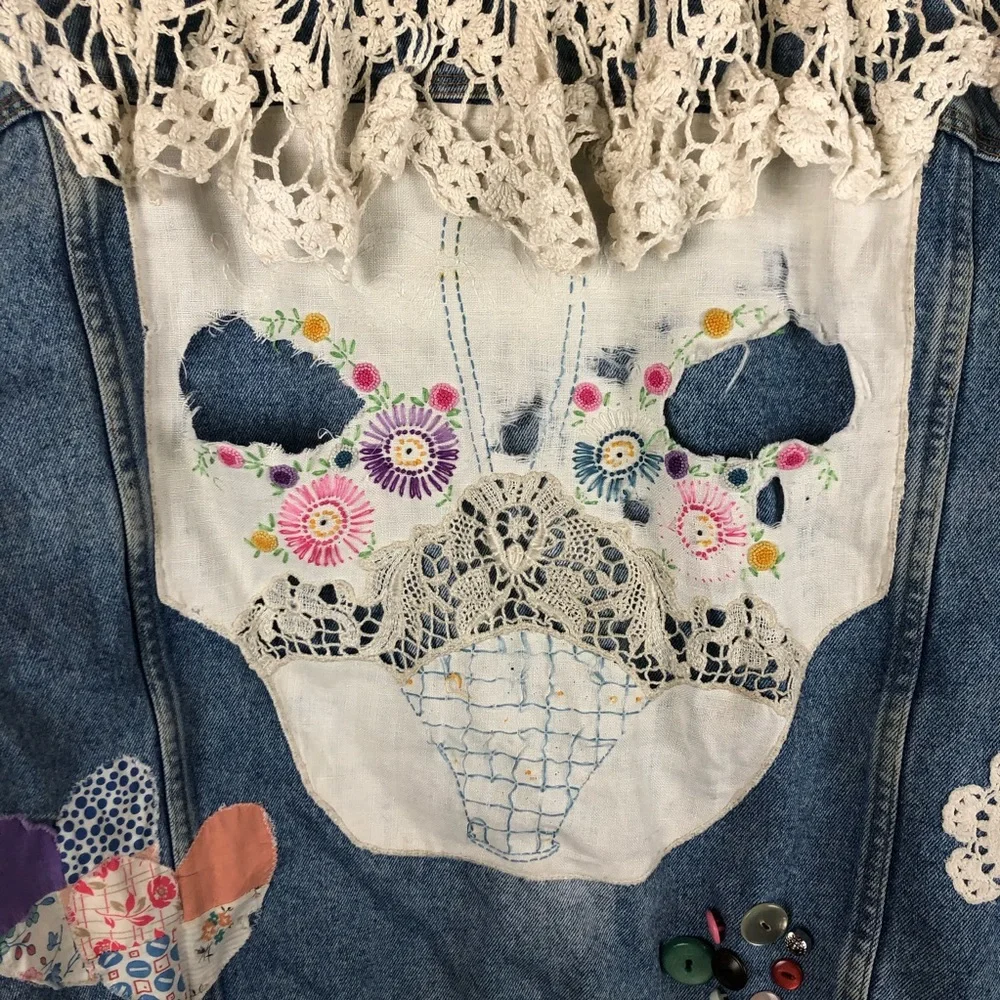 Embellished Blue Jean Jacket Crochet Patchwork - Picture 12 of 14